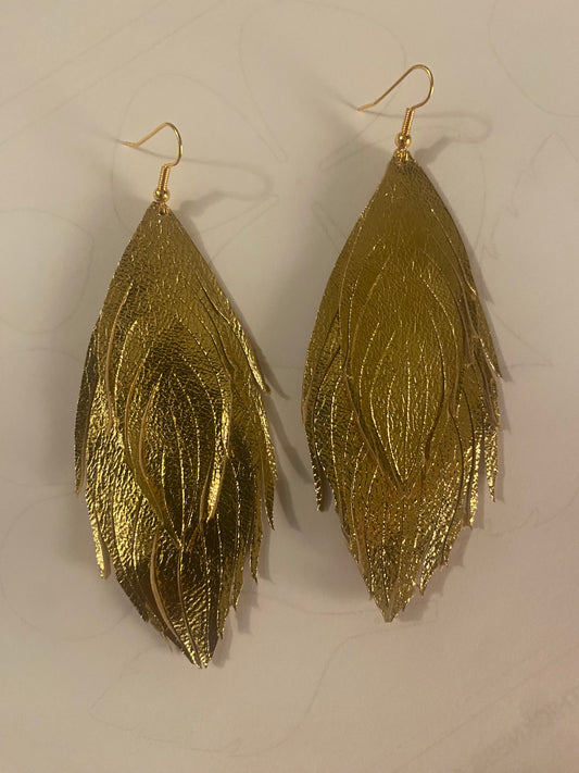 Metallic Gold Leather Feathered Earrings