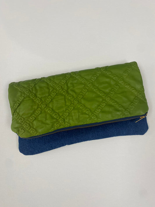 Green with Envy Italian Leather And Denim Clutch