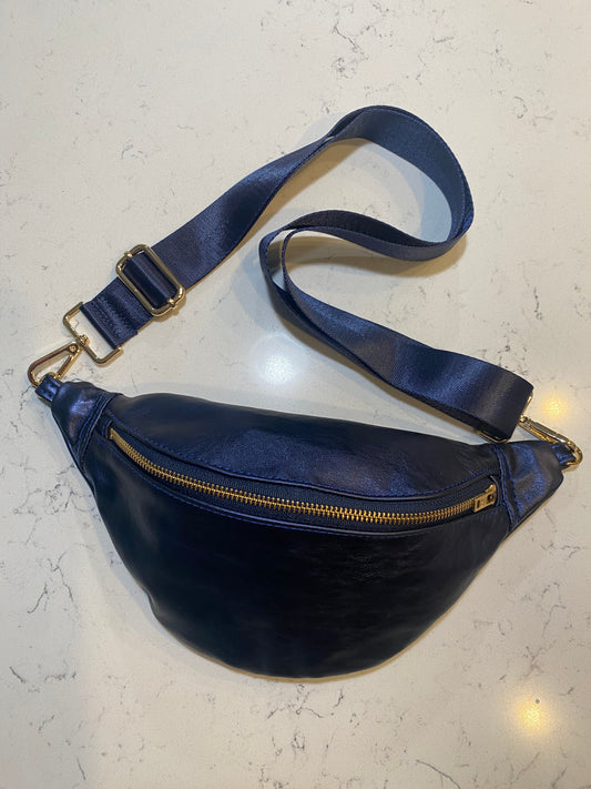 Navy Metallic Leather Bumbag