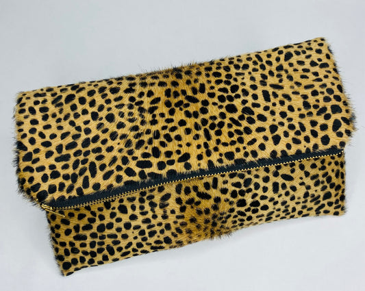 Small Cheetah Print Leather Foldover Clutch