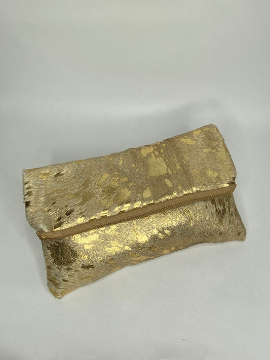 Metallic Gold Splashed Leather Foldover Clutch