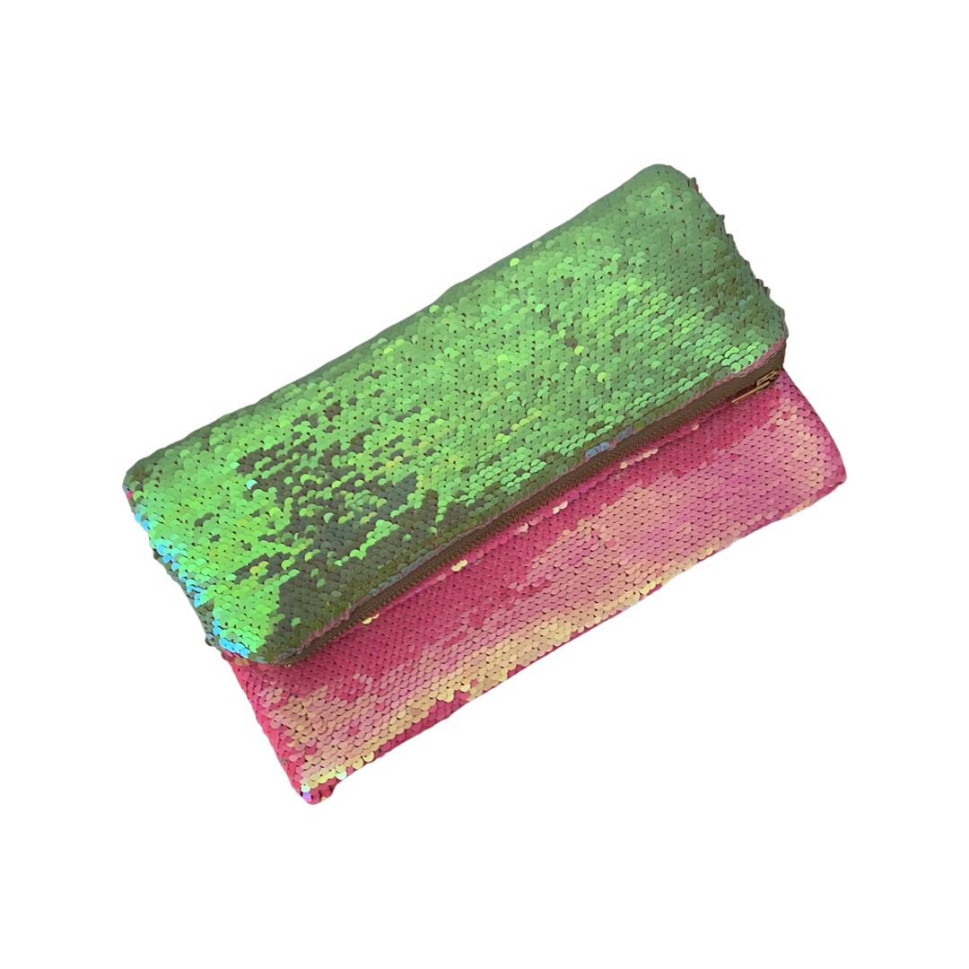Pink and Green Sequin Foldover Clutch