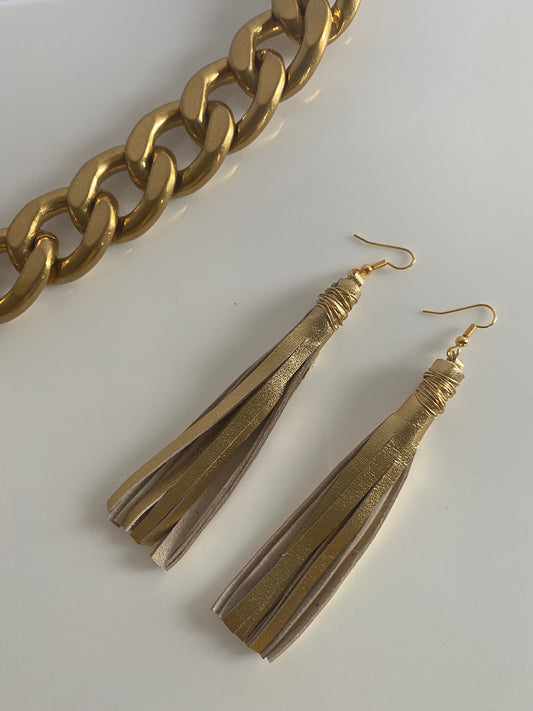 Wire Wrapped Gold Leather Tassel Earrings